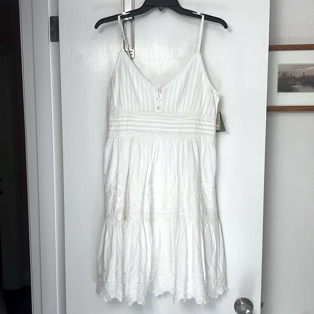 Roper white cotton spaghetti strap dress Sz M side zipper, adjustable straps